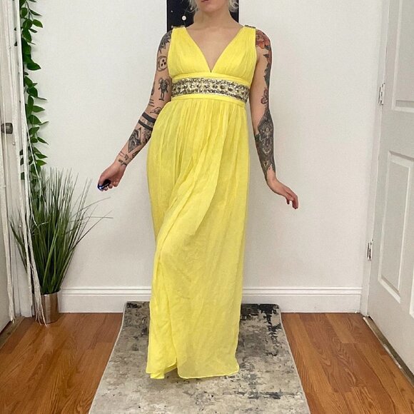 Marchesa Notte Sleeveless Fit & Flare Maxi Dress Beaded Waist Size 4 Yellow - Picture 1 of 13